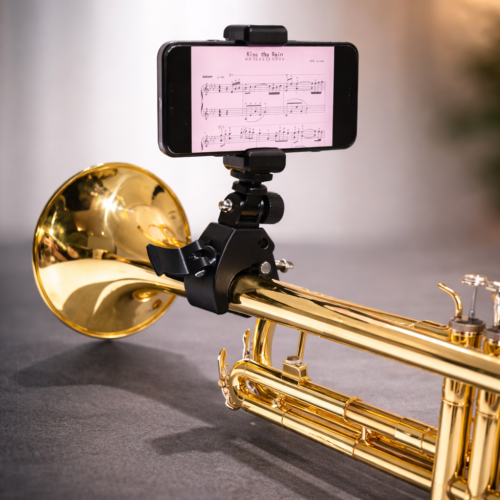 soporte ajustable para trompeta y metales con porta teléfono